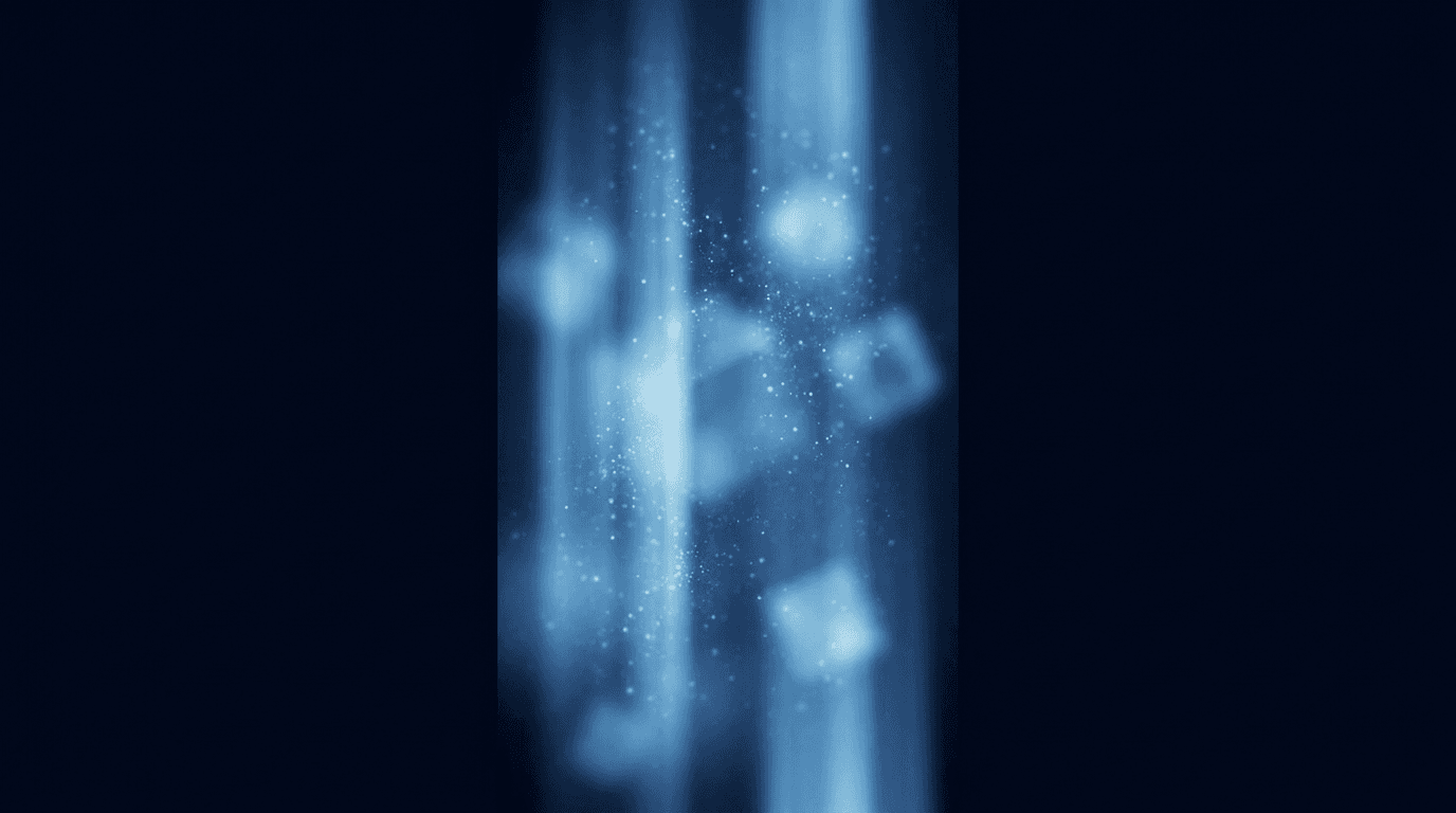 Beams of blue light and floating particles across a dark arena.