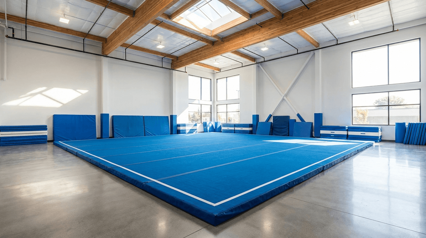 A bright, clean modern cheer gym with a blue spring floor and safety mats.