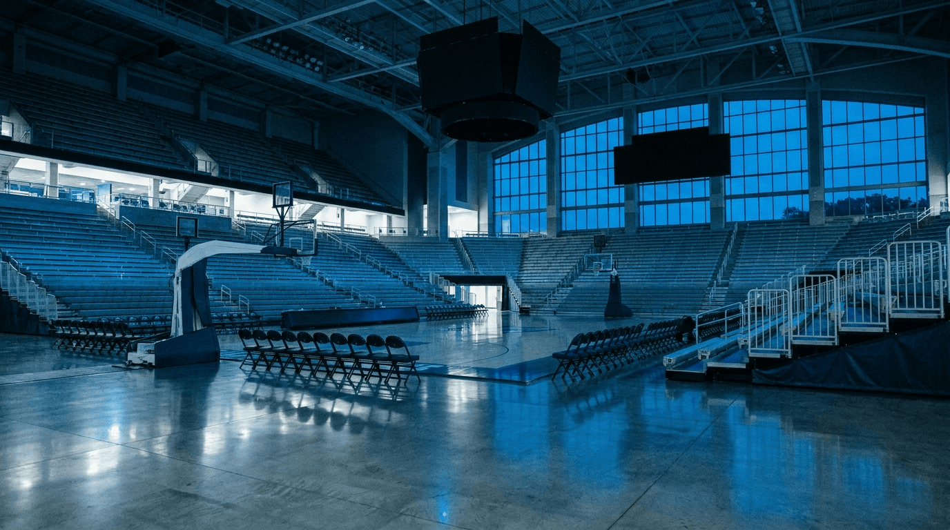 Empty collegiate arena stands under blue light before competition.