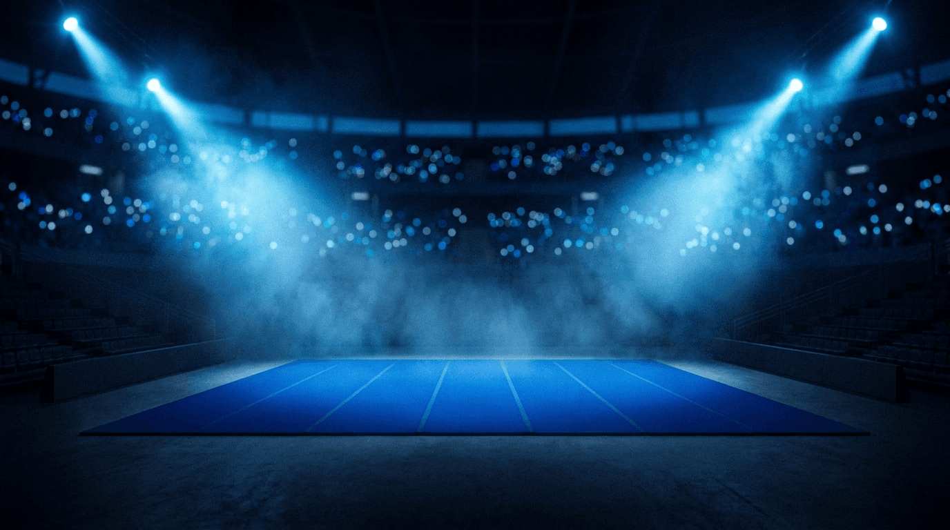 An empty competitive cheerleading arena with a blue performance mat under dramatic spotlights.
