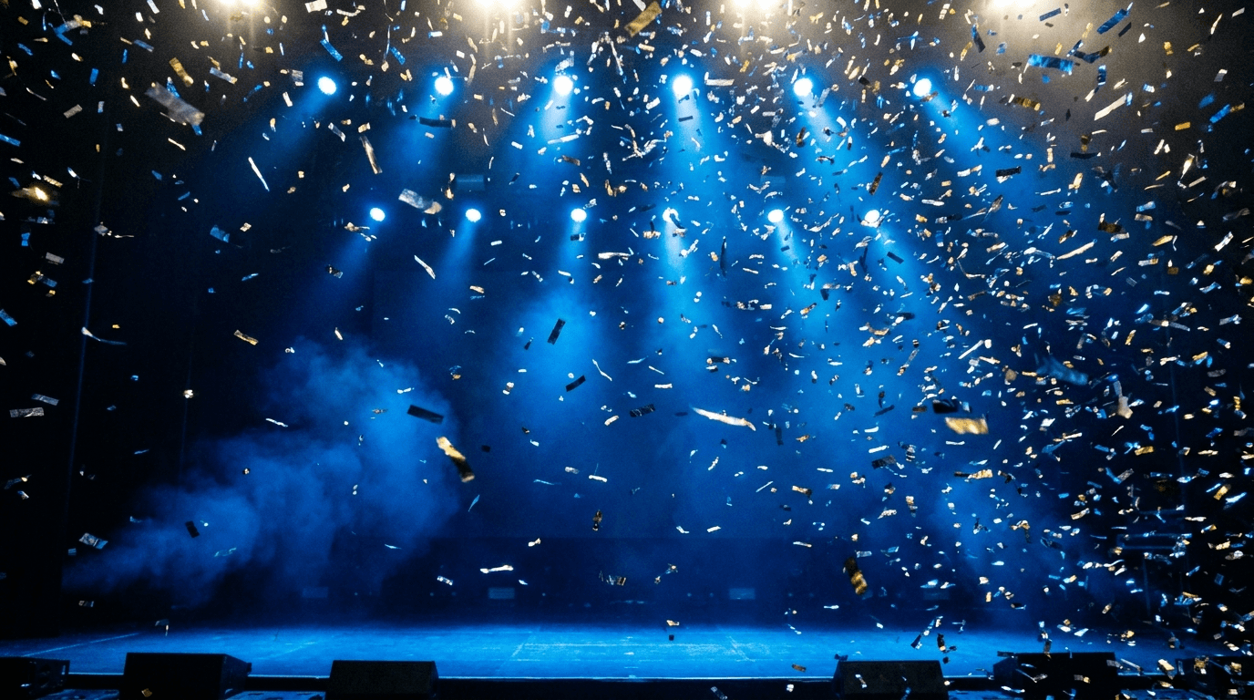 Metallic confetti falling through beams of blue stage light in celebration.