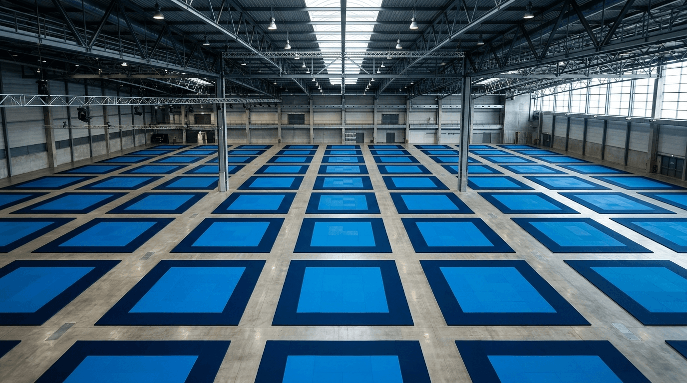 A convention-center exhibition hall with multiple blue competition mats from above.