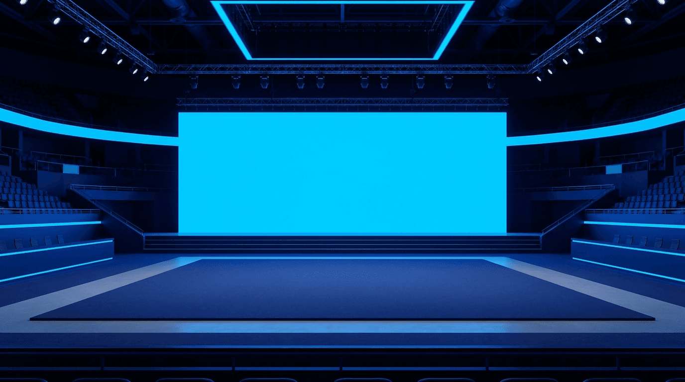 A bright competition stage with a large glowing LED backdrop and a blue mat.