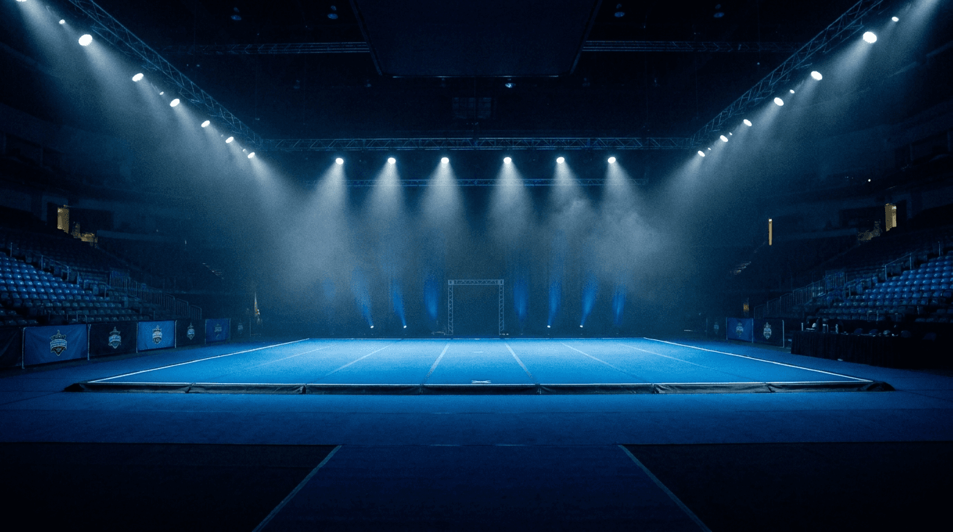 A grand convention-center competition floor with a blue performance mat under spotlights.
