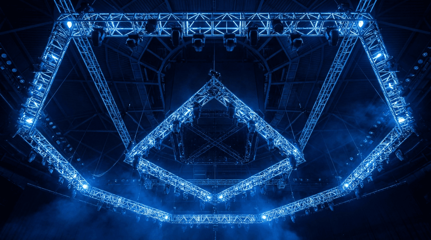 Arena stage lighting rigs glowing electric blue against a dark ceiling.