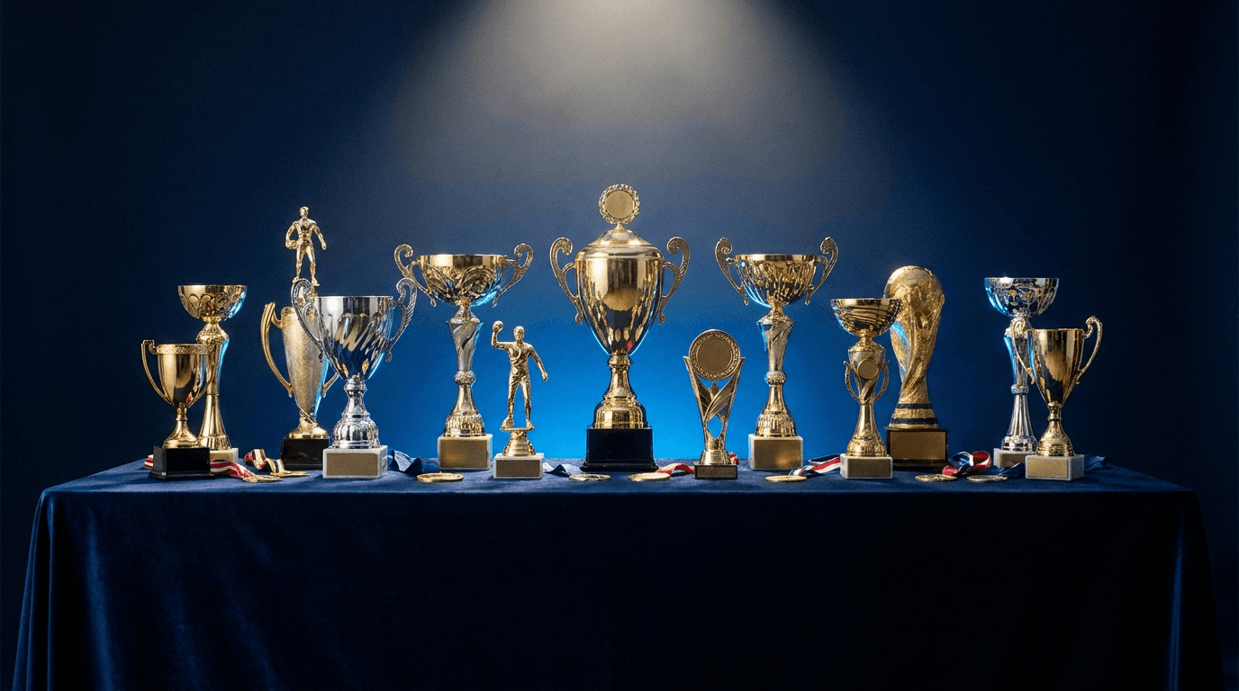 Gleaming championship trophies and medals arranged under a spotlight.