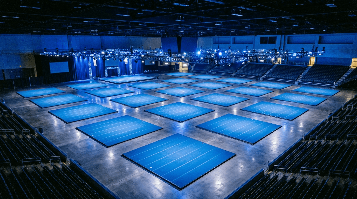 Overhead view of a large convention-center hall set with blue cheer mats.