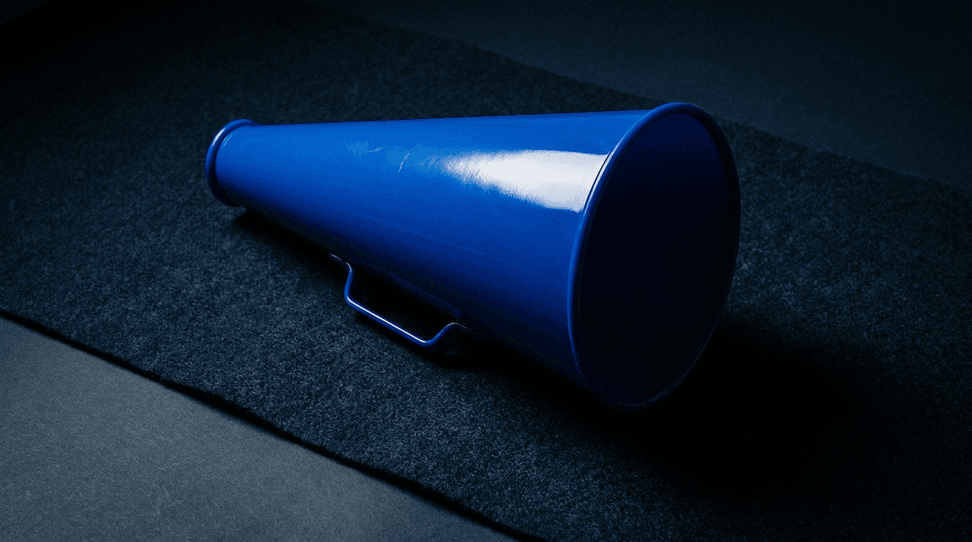 A single bright blue cheer megaphone on a dark surface under dramatic light.