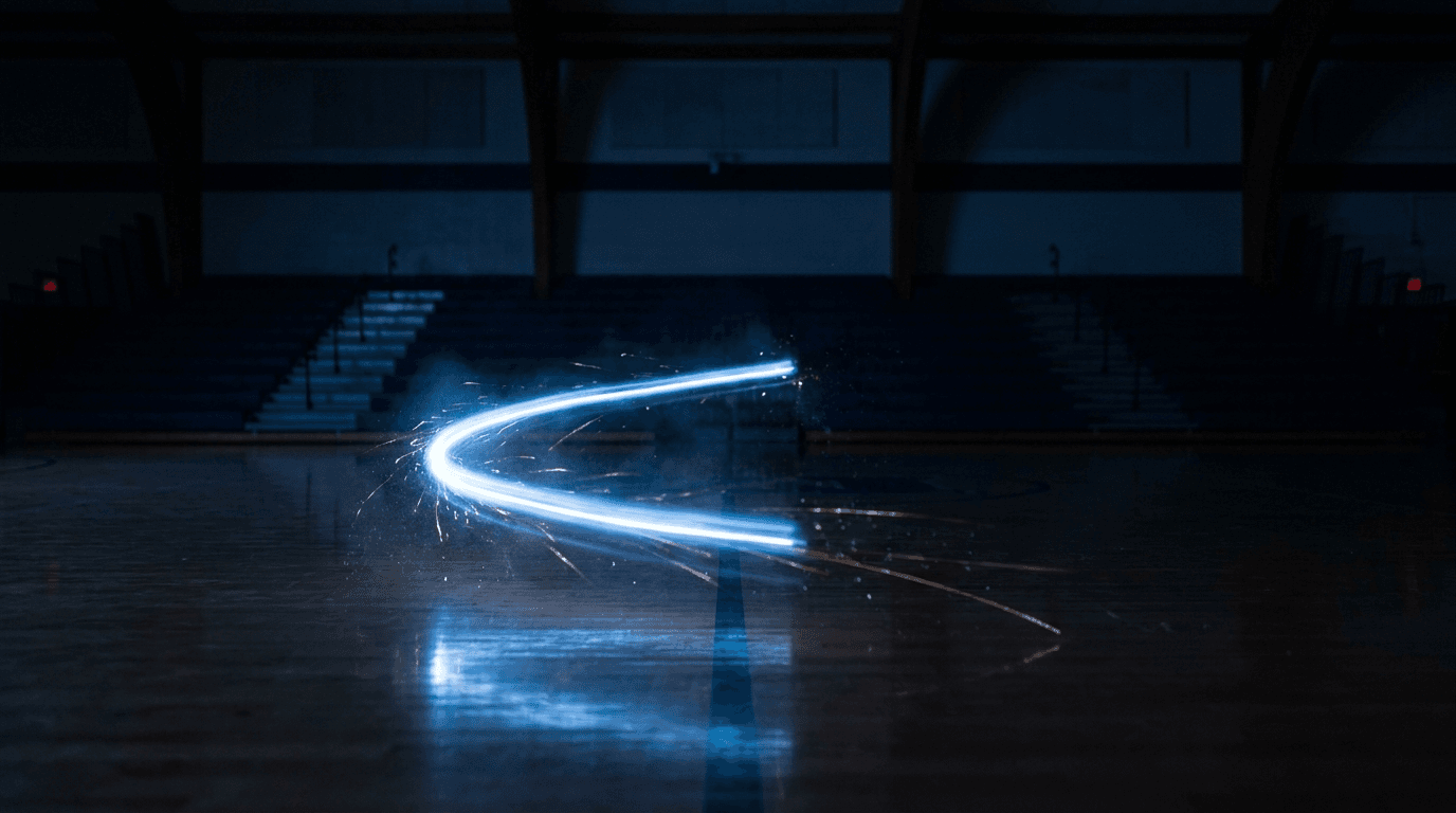 A streak of electric-blue light arcing across a dark gym floor, suggesting motion.